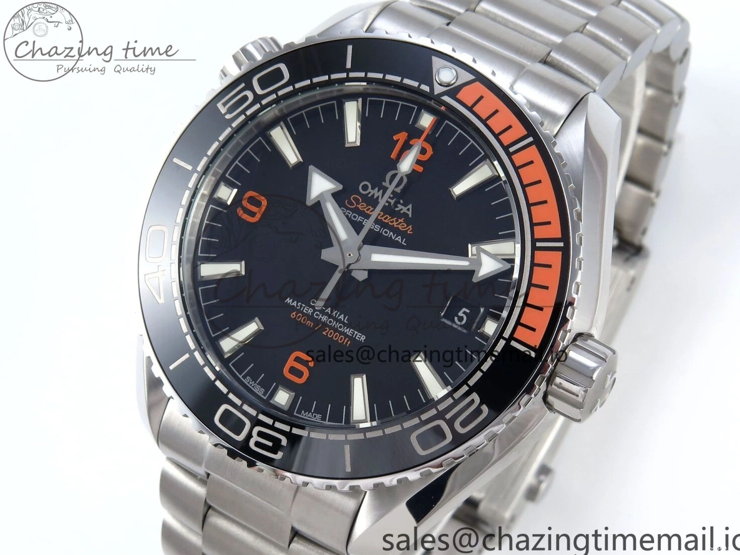 0223 WrinkleFree Seamaster Planet Ocean 600M 43.5mm SS SCF 1:1 Best Edition Black Orange Bezel Black Dial on SS Bracelet A8900 Super Clone 7682